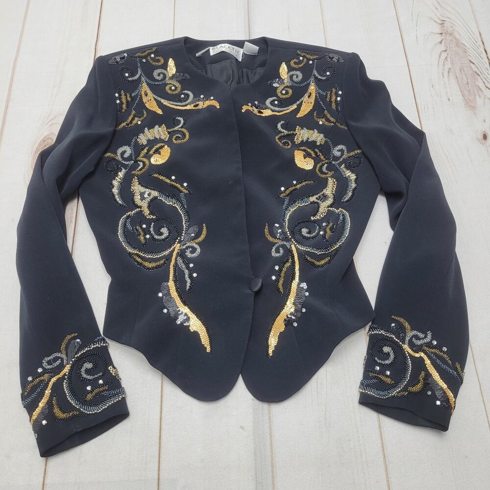 Vintage Oleg Cassini black heavily beaded sequin blazer tailored avant regency